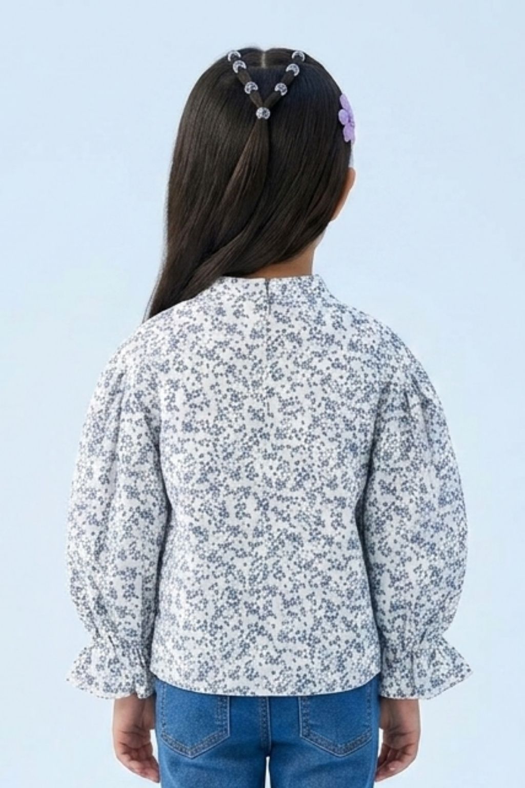 Blue Floral Printed Ruffle Sleeve Top TG6476