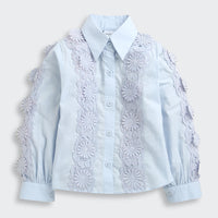Tiny Girl Sky Blue Floral Lace Panel Shirt for Girls