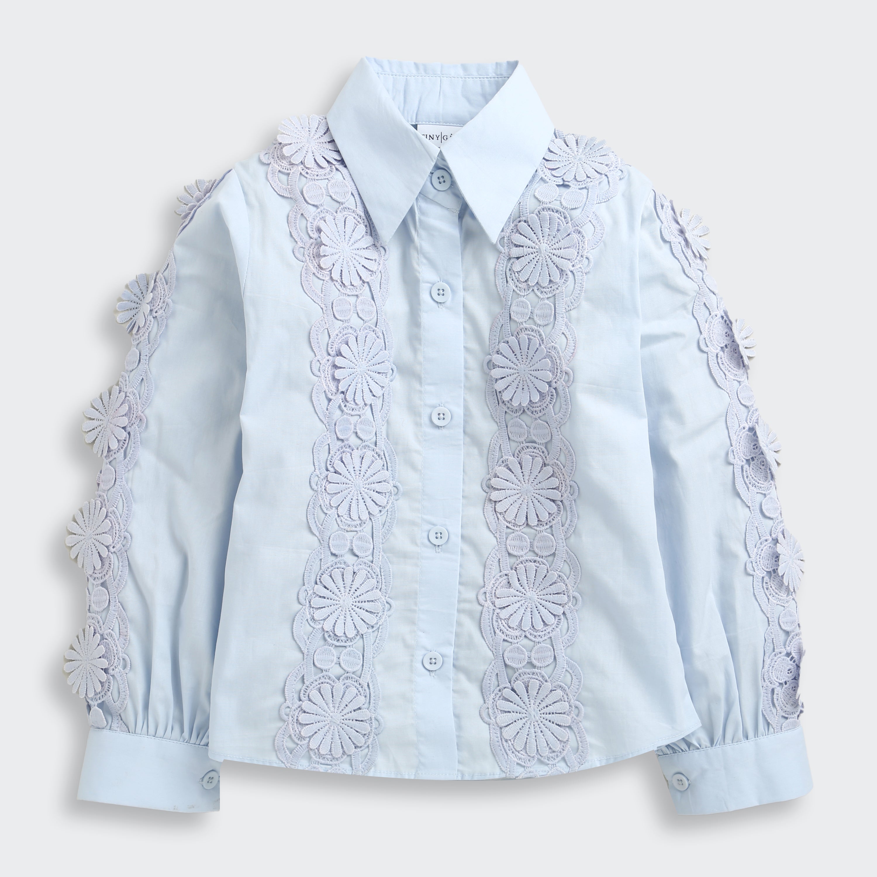Tiny Girl Sky Blue Floral Lace Panel Shirt for Girls