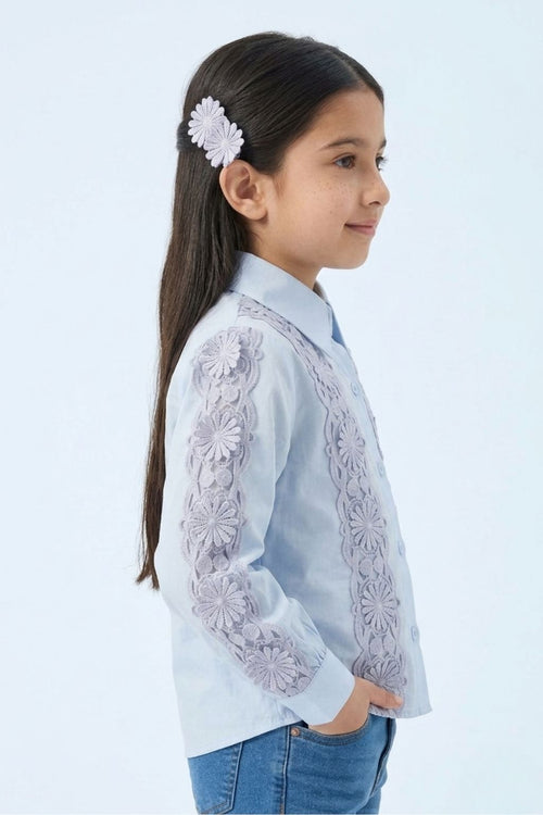 Sky Blue Floral Lace Panel Shirt TG6500