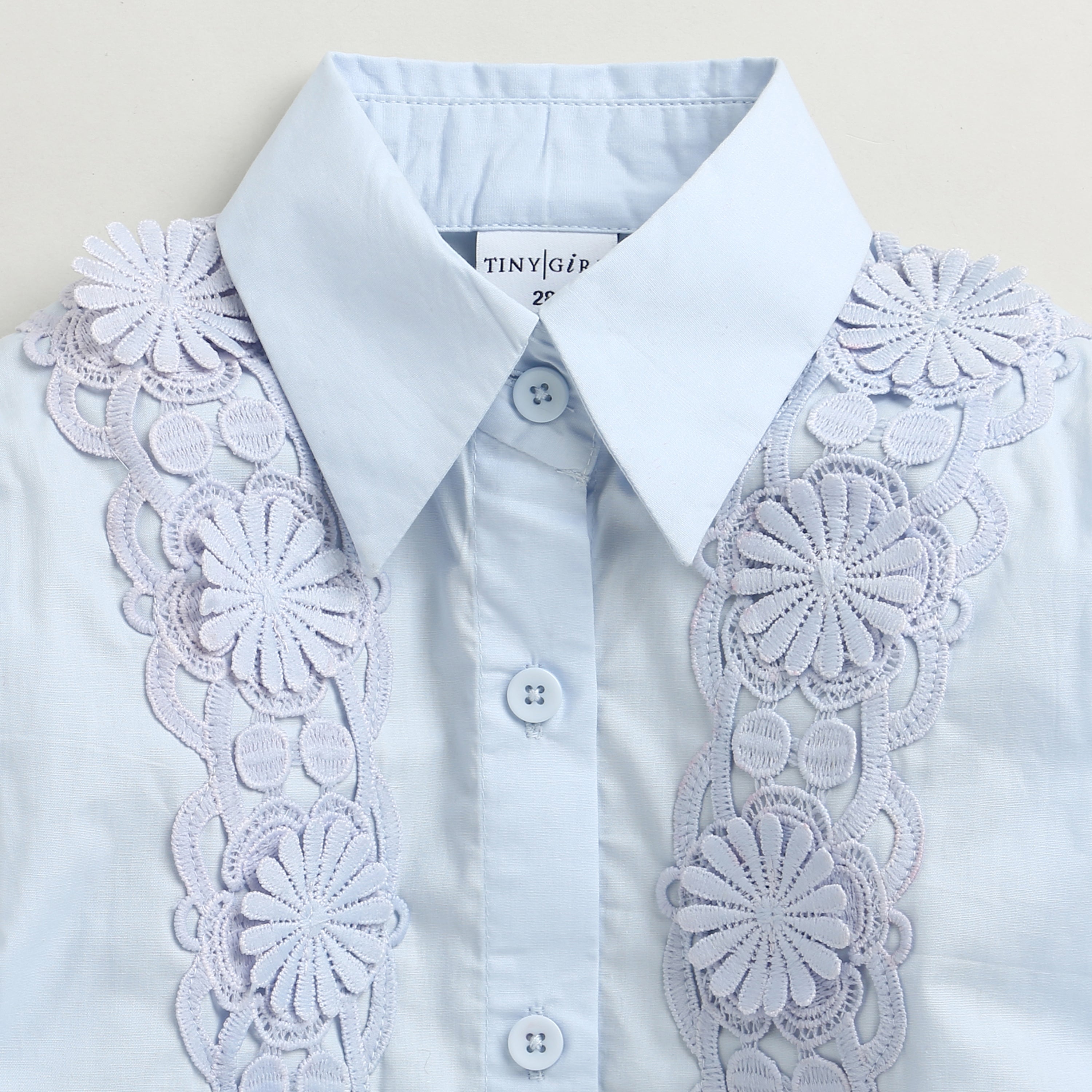 Tiny Girl Sky Blue Floral Lace Panel Shirt for Girls