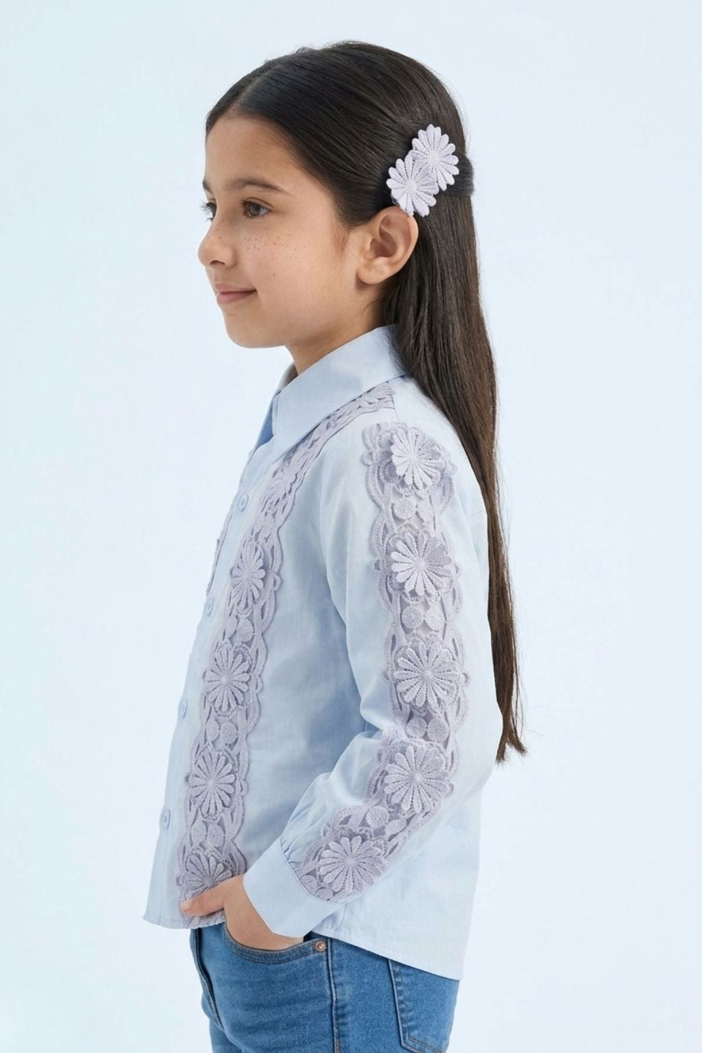 Sky Blue Floral Lace Panel Shirt TG6500