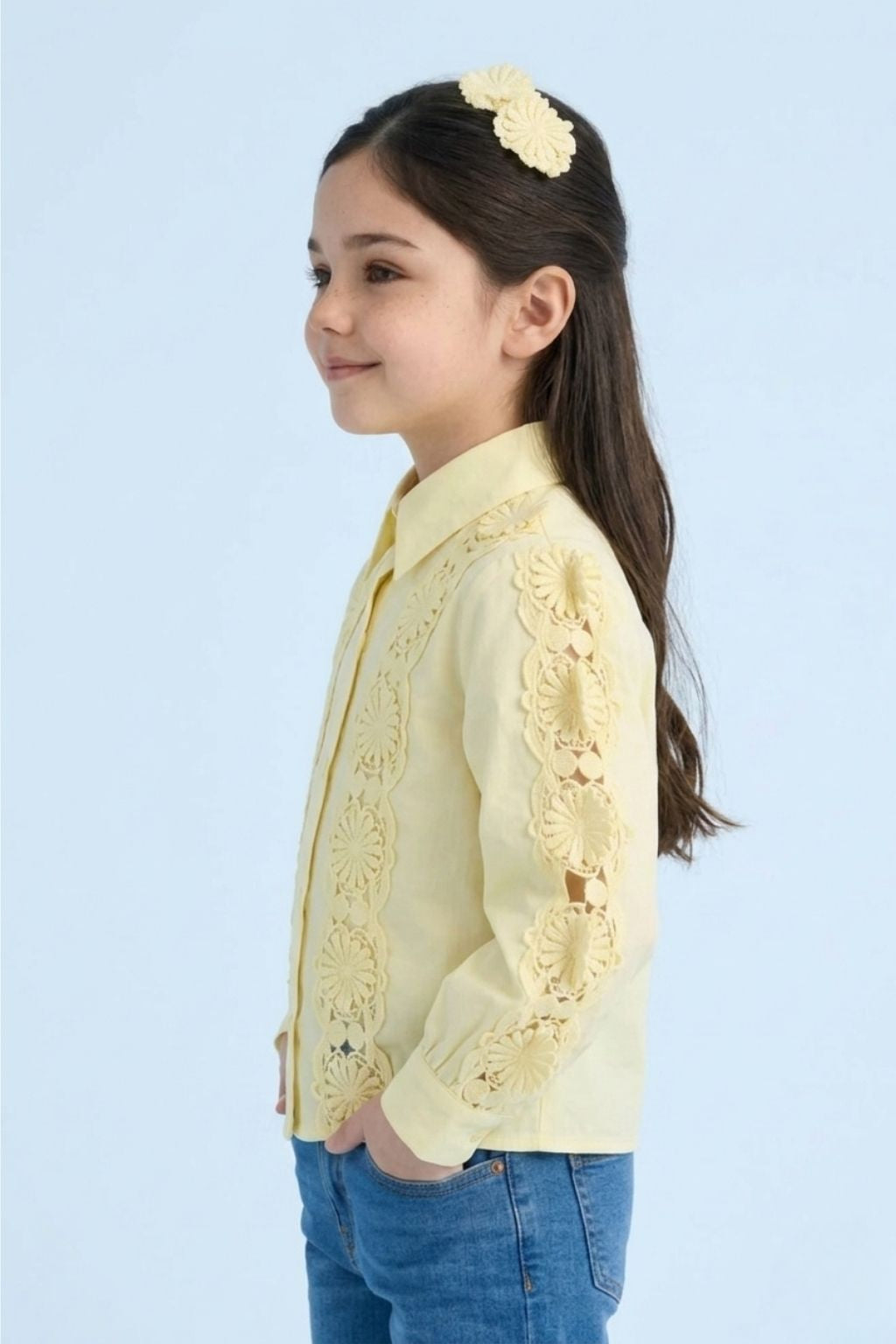 Yellow Floral Lace Panel Shirt TG6500
