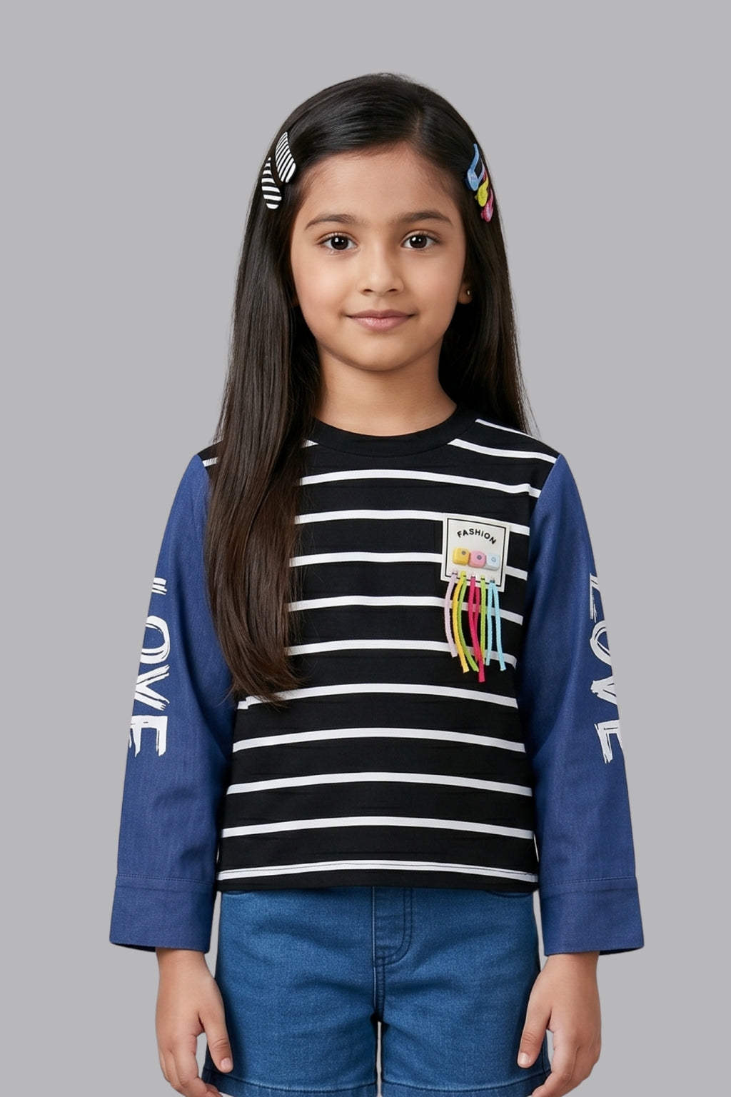Black Striped Top for Girls with Printed Sleeves TG6505