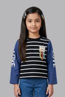Black Striped Top for Girls with Printed Sleeves TG6505