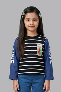 Black Striped Top for Girls with Printed Sleeves TG6505