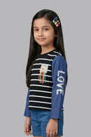 Black Striped Top for Girls with Printed Sleeves TG6505