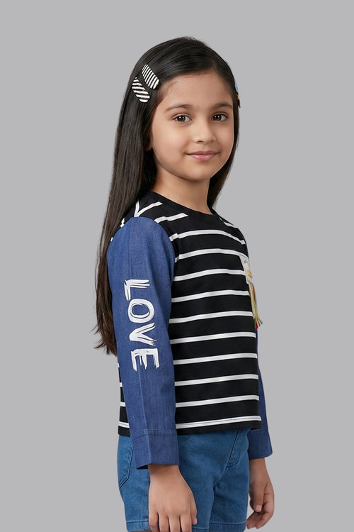 Black Striped Top for Girls with Printed Sleeves TG6505