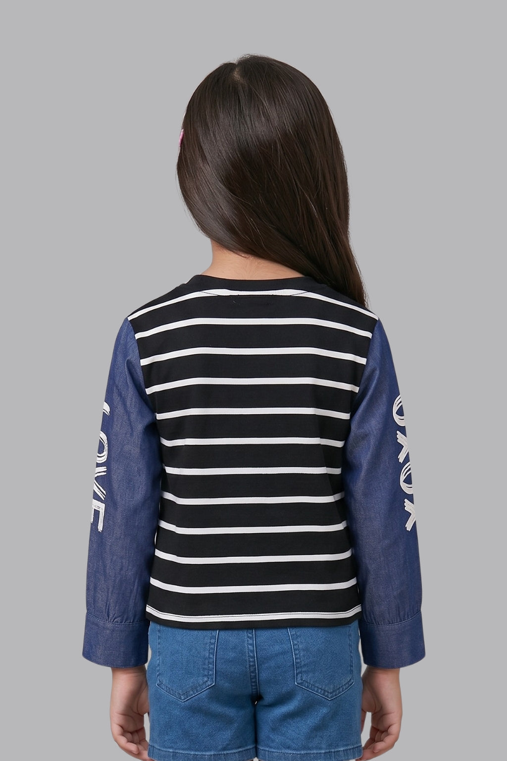 Black Striped Top for Girls with Printed Sleeves TG6505