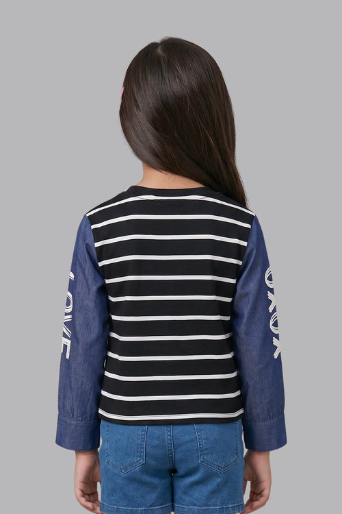 Black Striped Top for Girls with Printed Sleeves TG6505