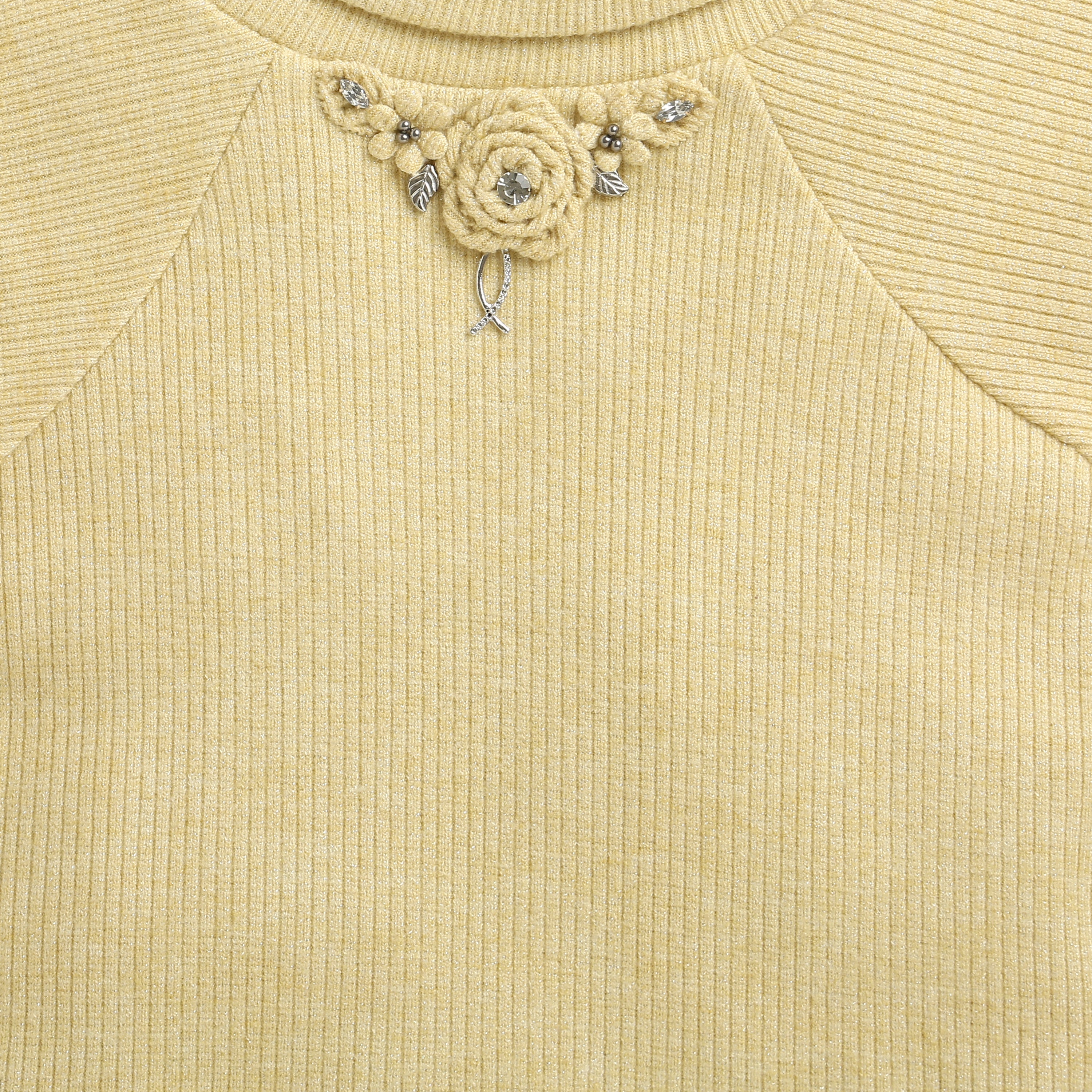 TinyGirl Light Mustard Embellished Ribbed Sweatshirt for Girls