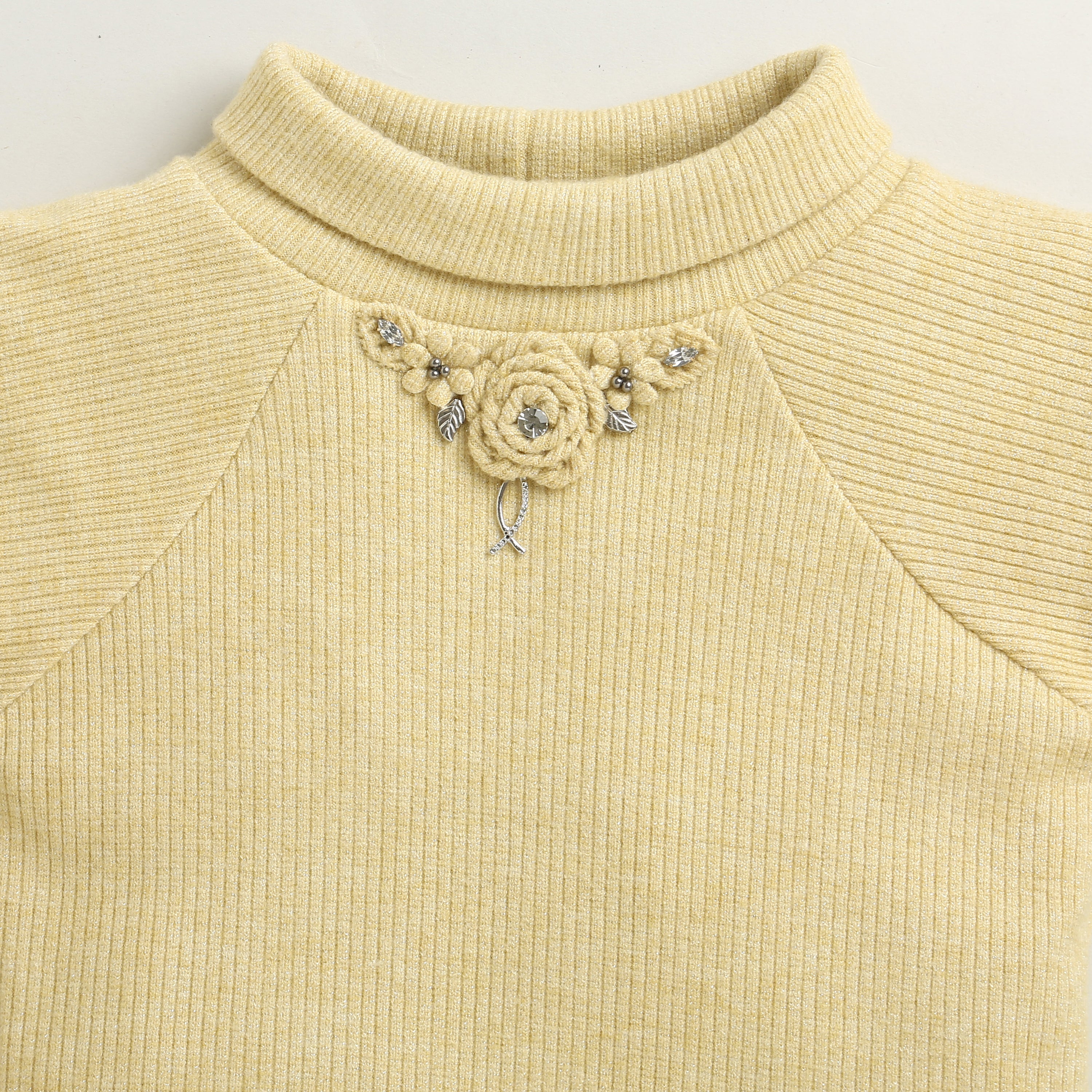 TinyGirl Light Mustard Embellished Ribbed Sweatshirt for Girls