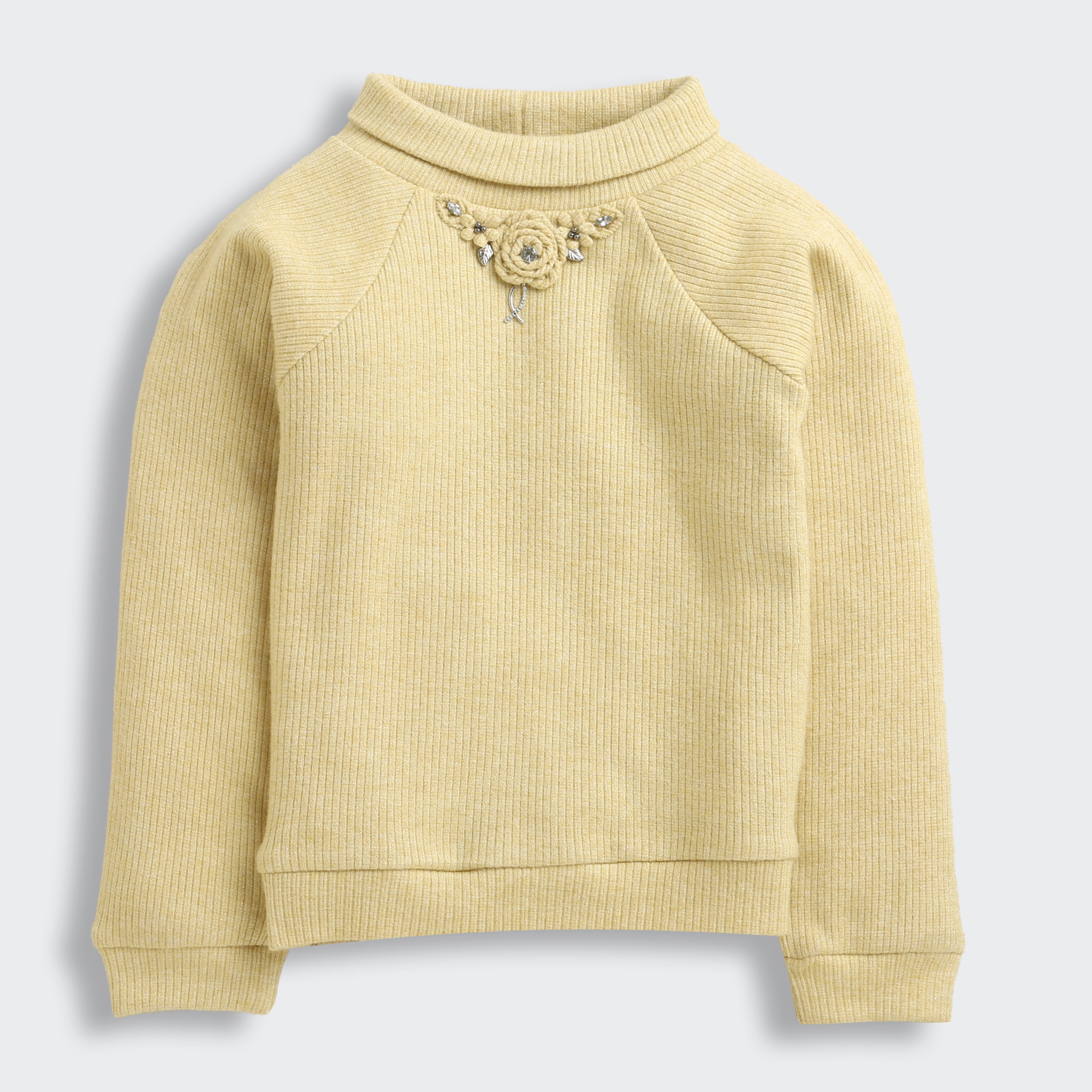 TinyGirl Light Mustard Embellished Ribbed Sweatshirt for Girls