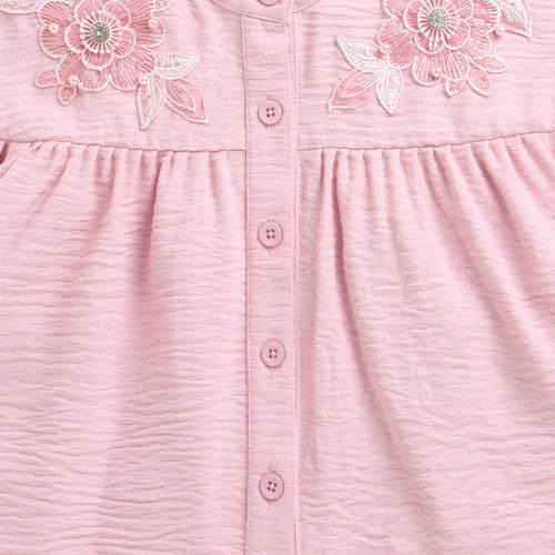 Pink Embroidered Flare Sleeve Yoke Top TG6521