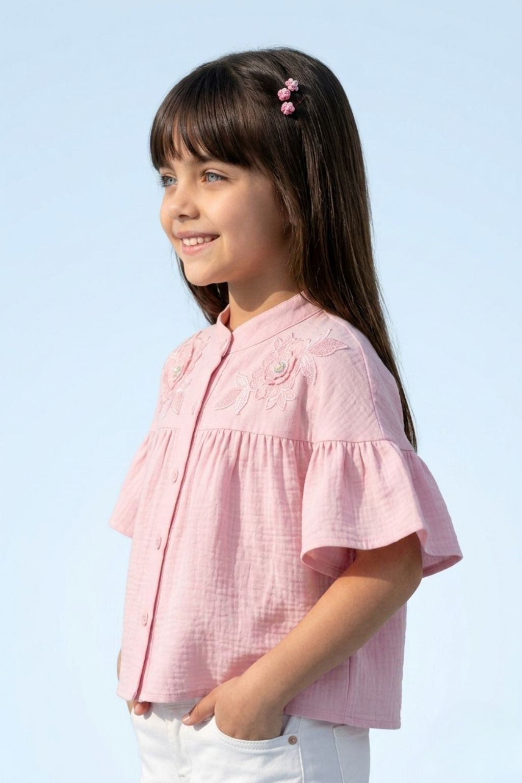 Pink Embroidered Flare Sleeve Yoke Top TG6521