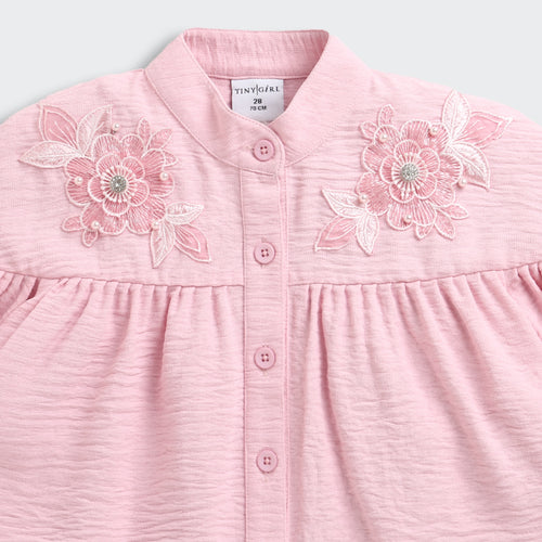Pink Embroidered Flare Sleeve Yoke Top TG6521