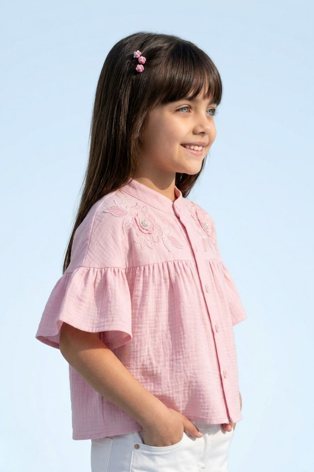 Pink Embroidered Flare Sleeve Yoke Top TG6521