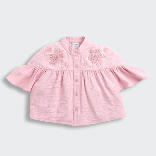 Pink Embroidered Flare Sleeve Yoke Top TG6521