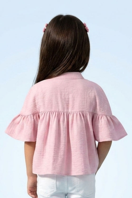 Pink Embroidered Flare Sleeve Yoke Top TG6521