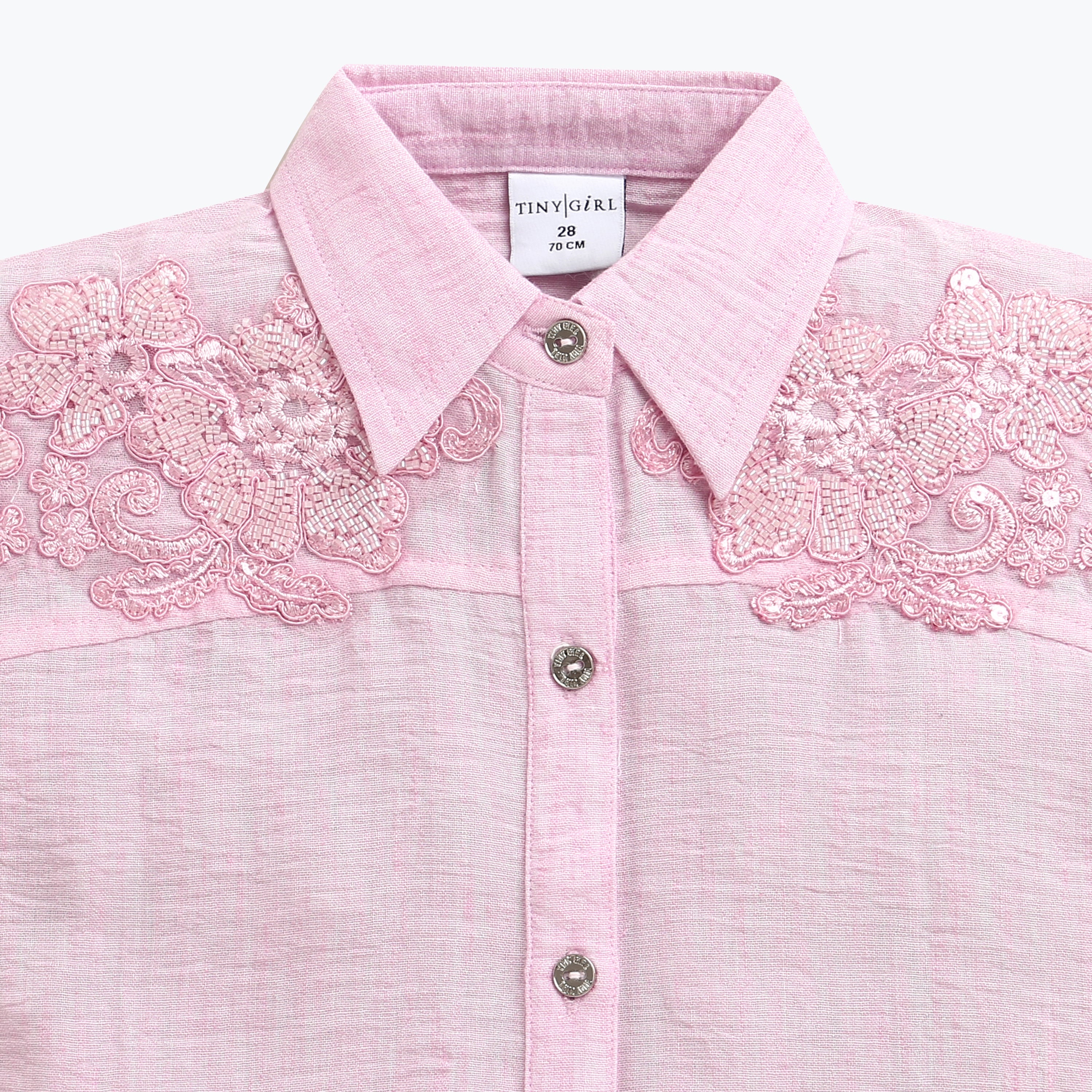 TinyGirl Pink Embroidered Lace Shoulder Shirt for Girls