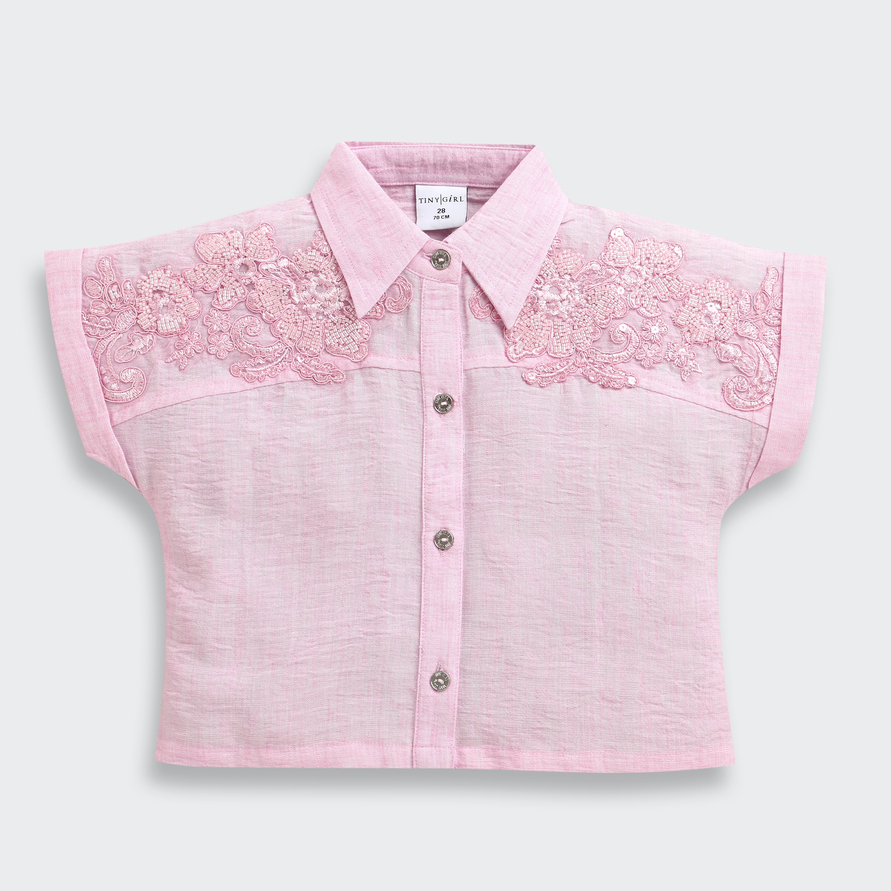 TinyGirl Pink Embroidered Lace Shoulder Shirt for Girls