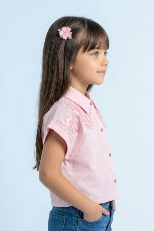Pink Embroidered Lace Shoulder Shirt TG6522