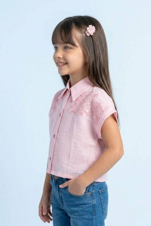 Pink Embroidered Lace Shoulder Shirt TG6522