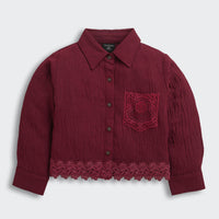 Girls Maroon Lace Hem Shirt with Embroidered Pocket – Casual & Party Wear