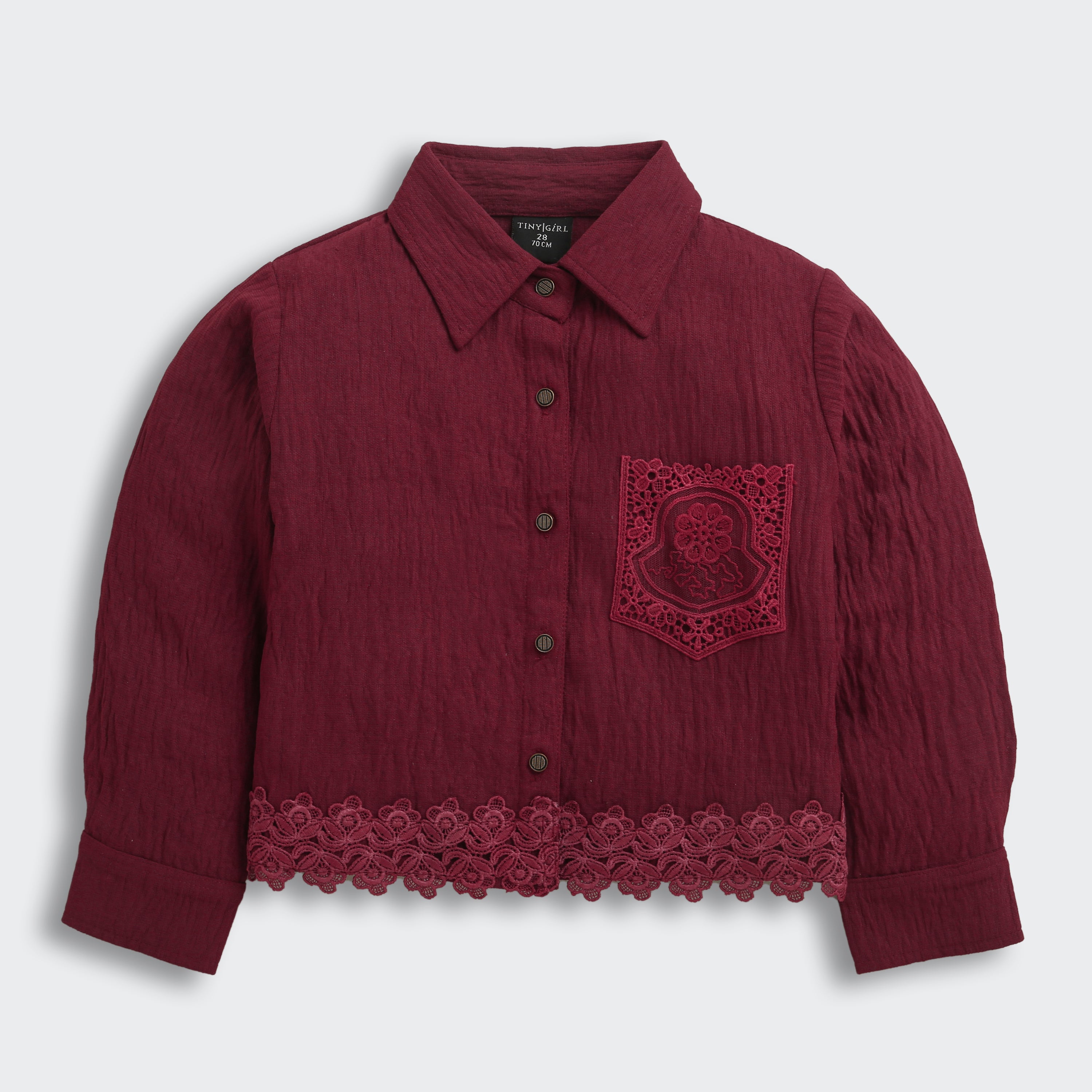 Girls Maroon Lace Hem Shirt with Embroidered Pocket – Casual & Party Wear