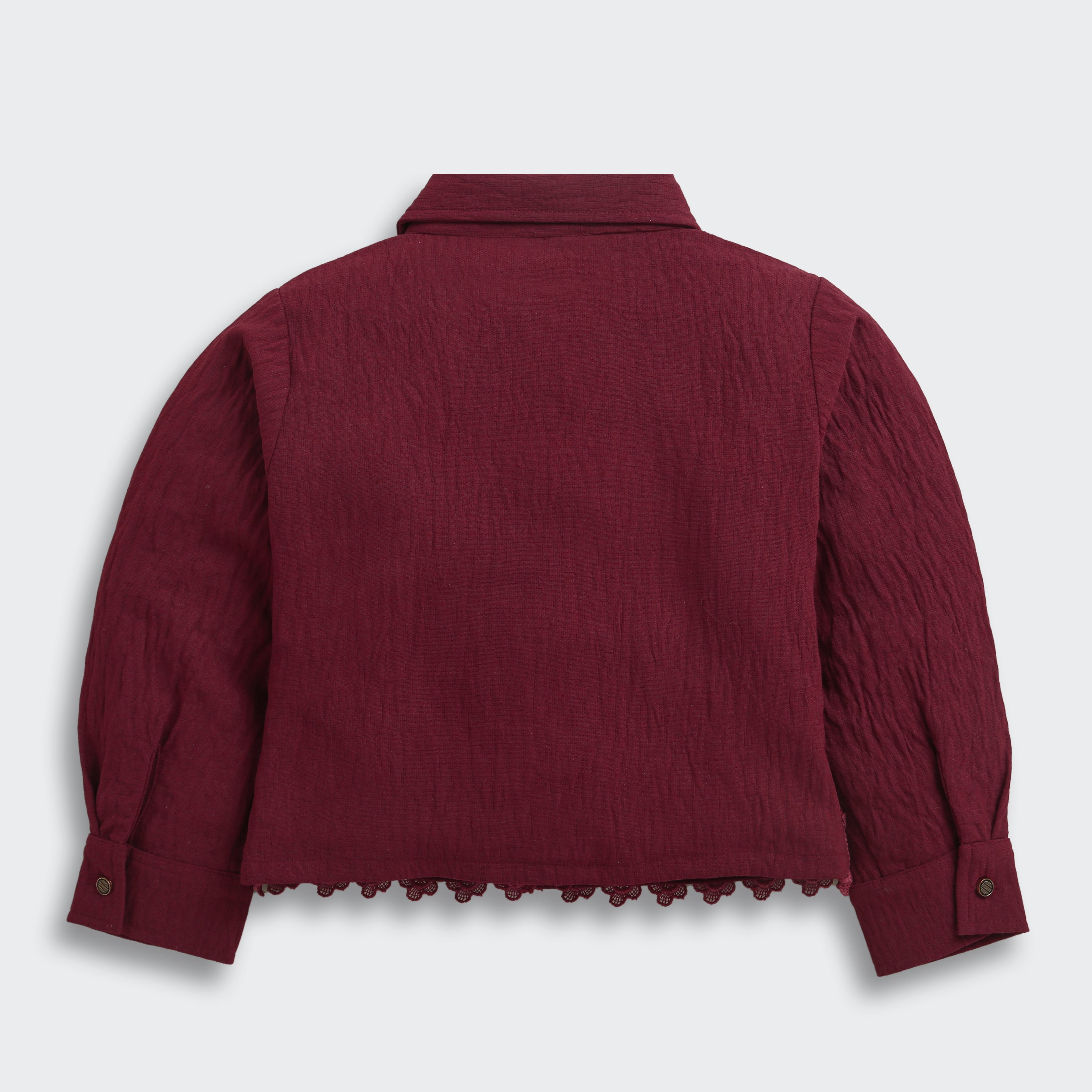 Girls Maroon Lace Hem Shirt with Embroidered Pocket – Casual & Party Wear