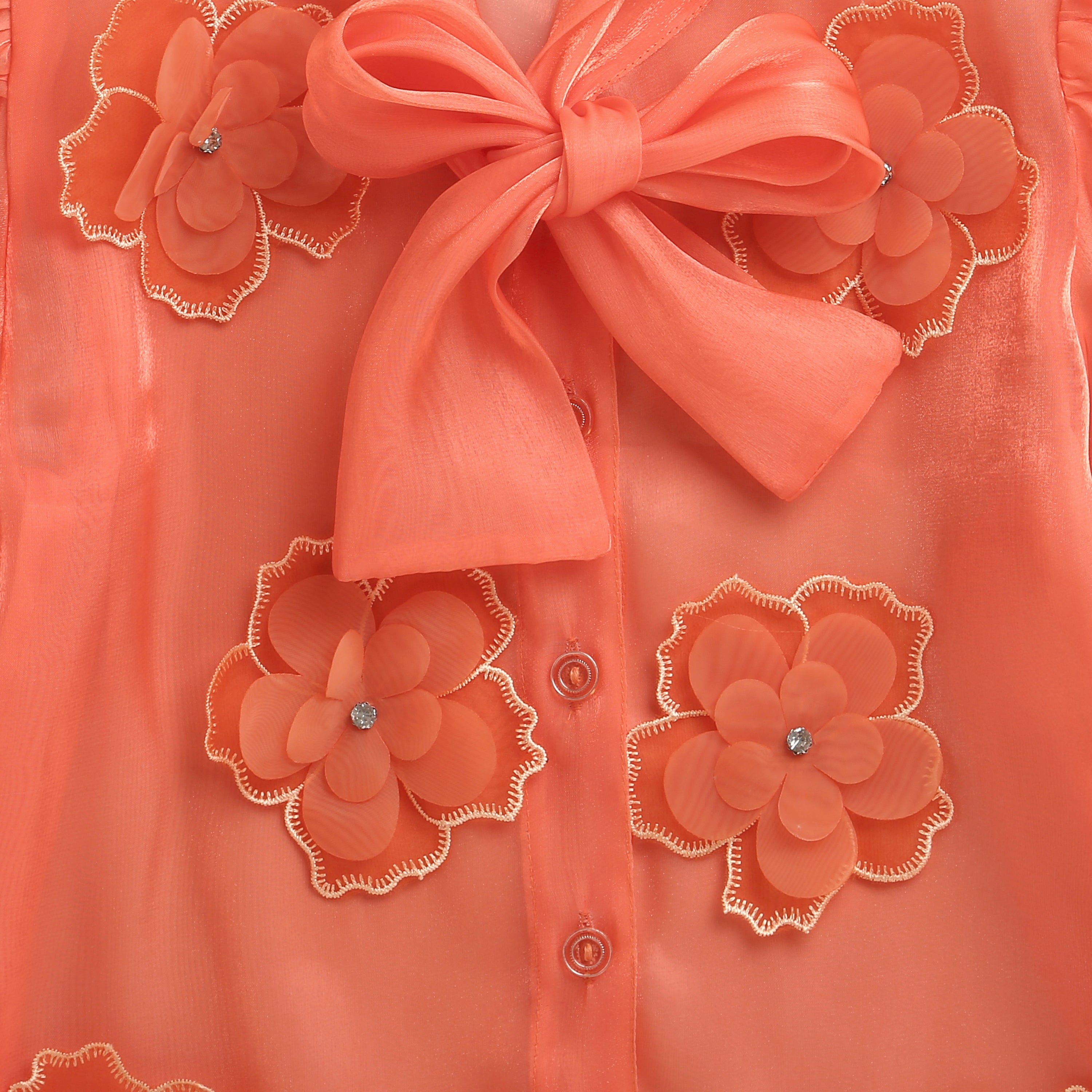 TinyGirl Peach Organza Floral Bow Top for Girls
