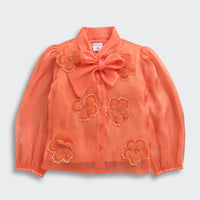 TinyGirl Peach Organza Floral Bow Top for Girls
