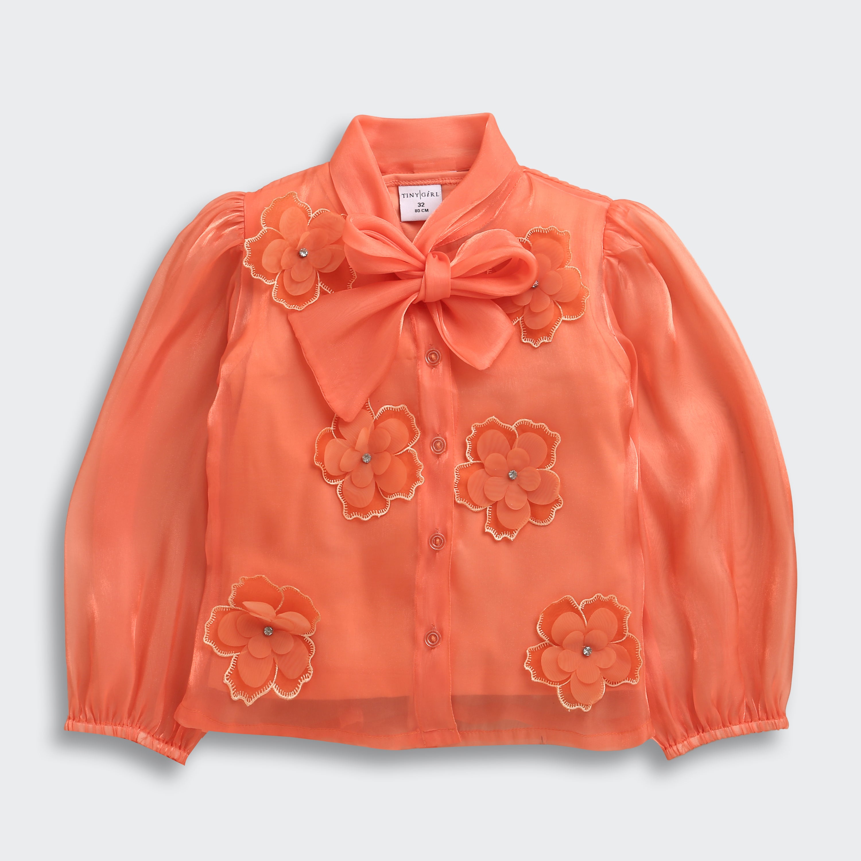 TinyGirl Peach Organza Floral Bow Top for Girls