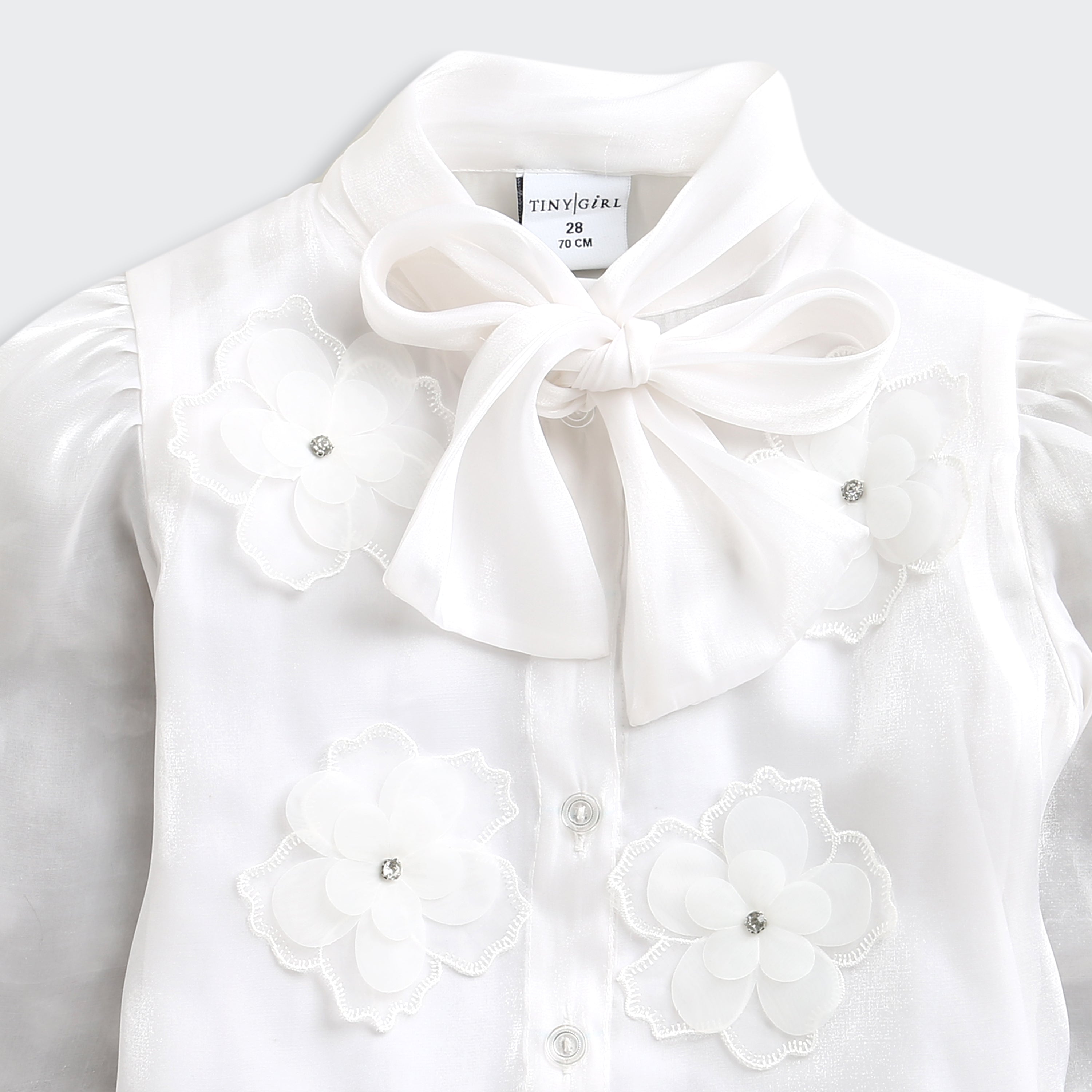 TinyGirl White Organza Floral Bow Top for Girls