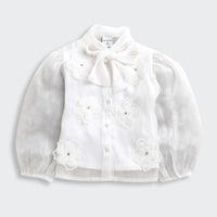 TinyGirl White Organza Floral Bow Top for Girls