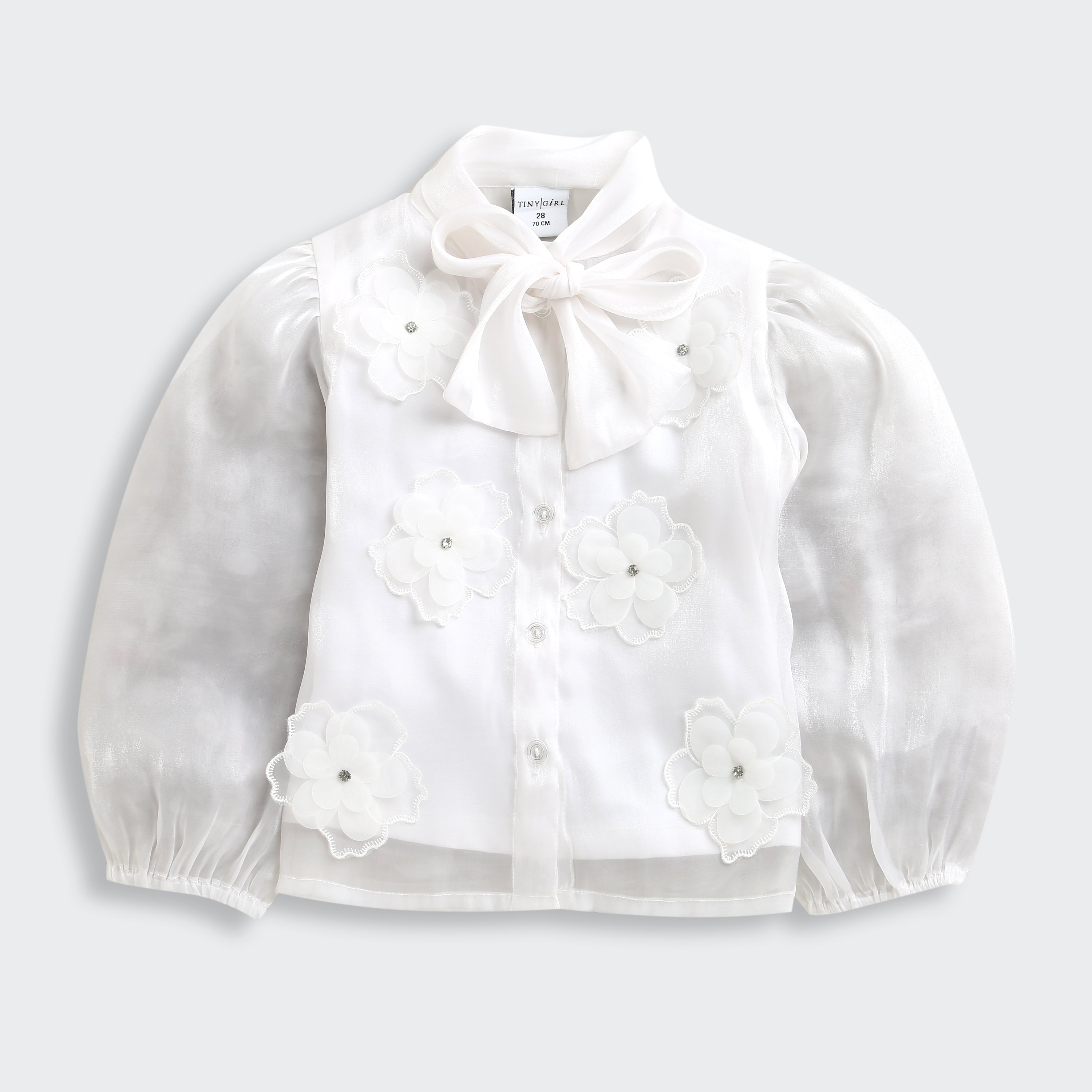 TinyGirl White Organza Floral Bow Top for Girls