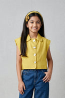 Yellow Sleeveless Collared Crop Shirt TG6544