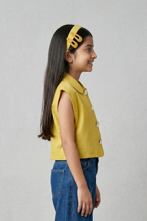 Yellow Sleeveless Collared Crop Shirt TG6544