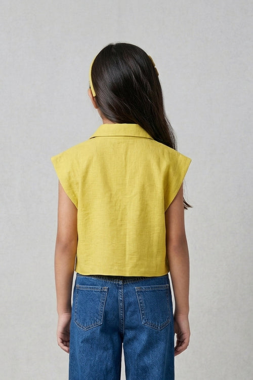 Yellow Sleeveless Collared Crop Shirt TG6544