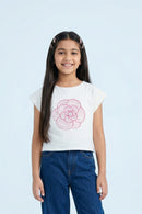 White Embellished Floral Top with Eyelet Sleeves TG6561
