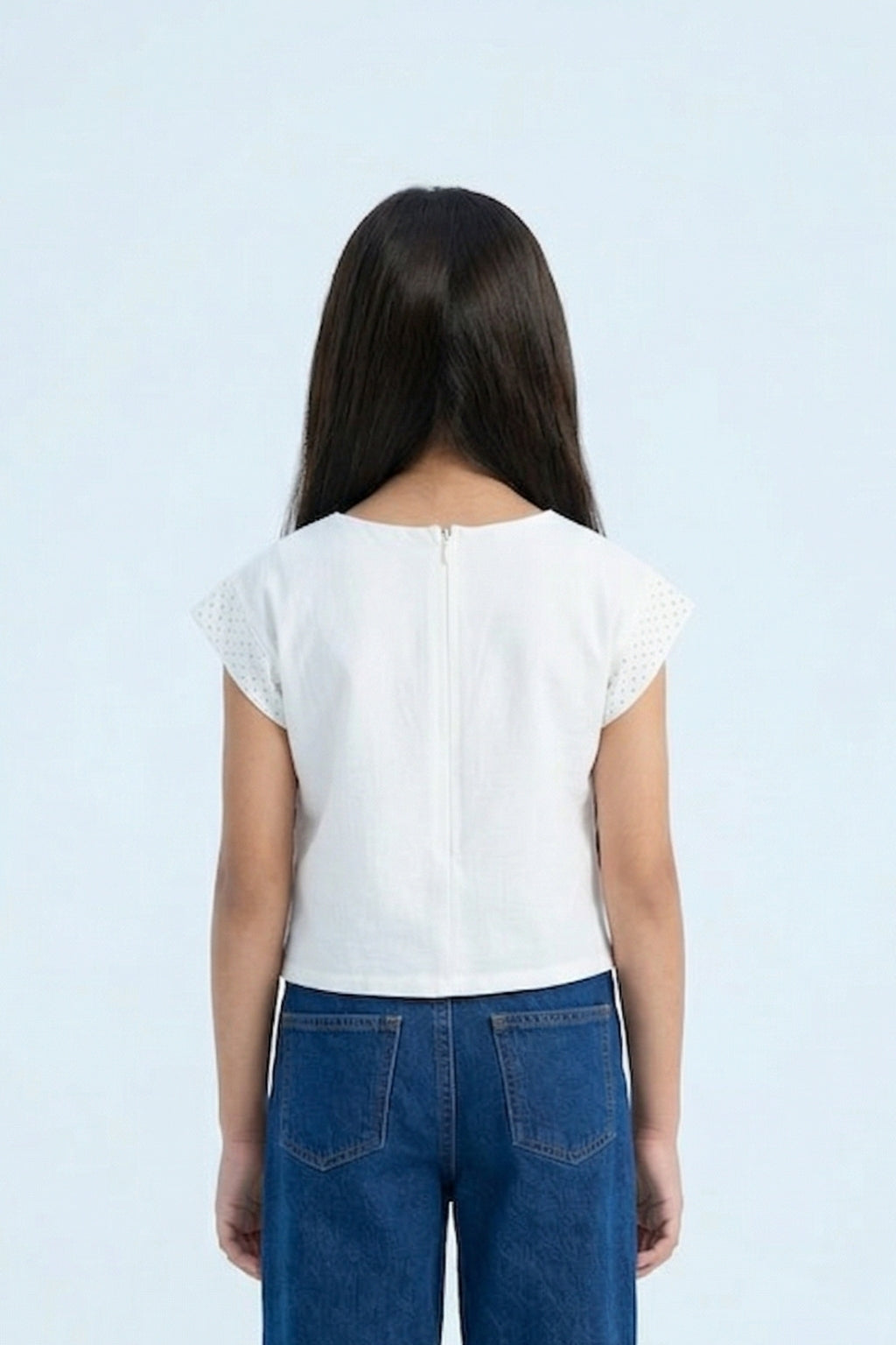 White Embellished Floral Top with Eyelet Sleeves TG6561