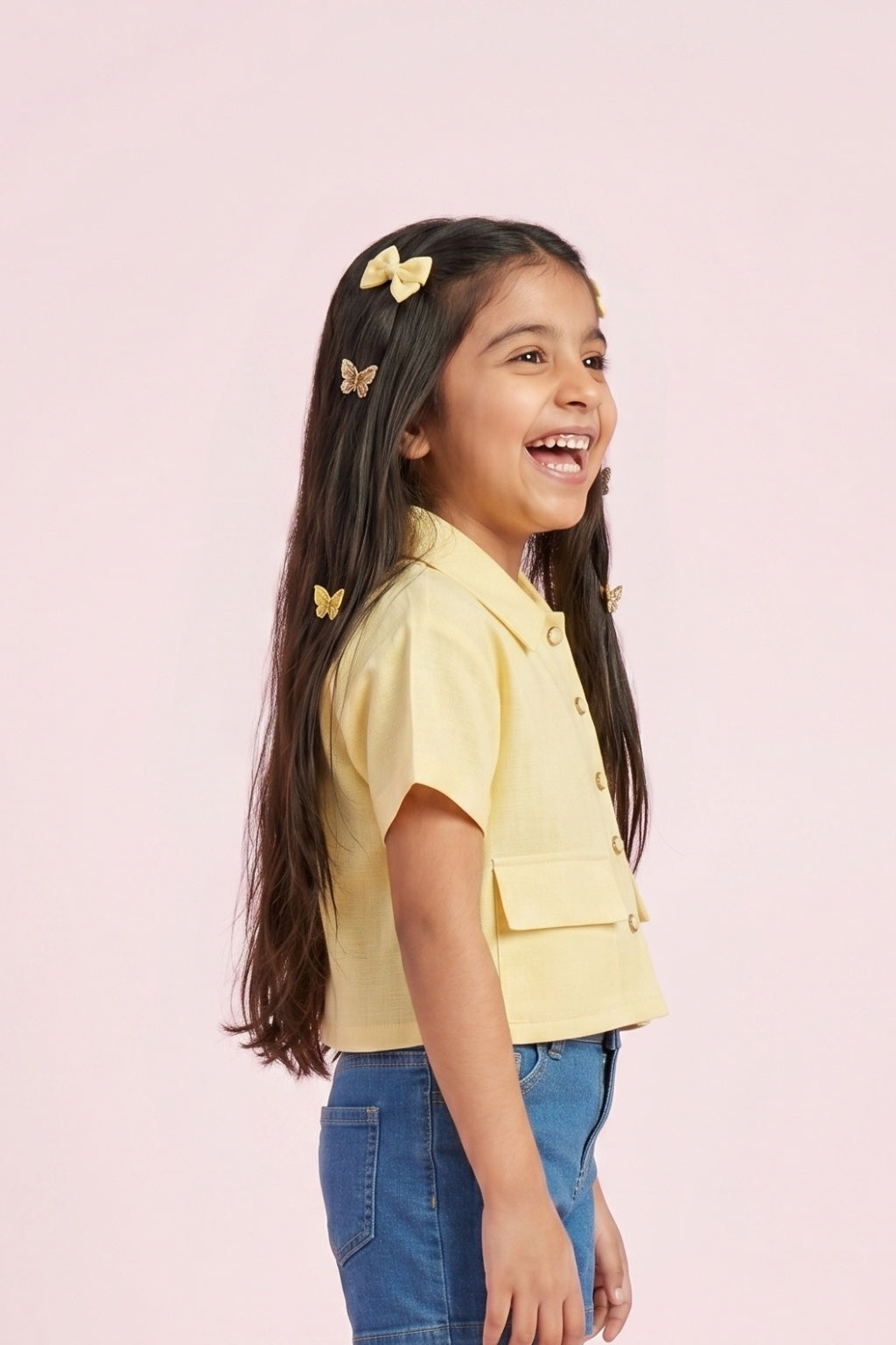 Girls Lemon Yellow Button-Front Crop Shirt TG6577