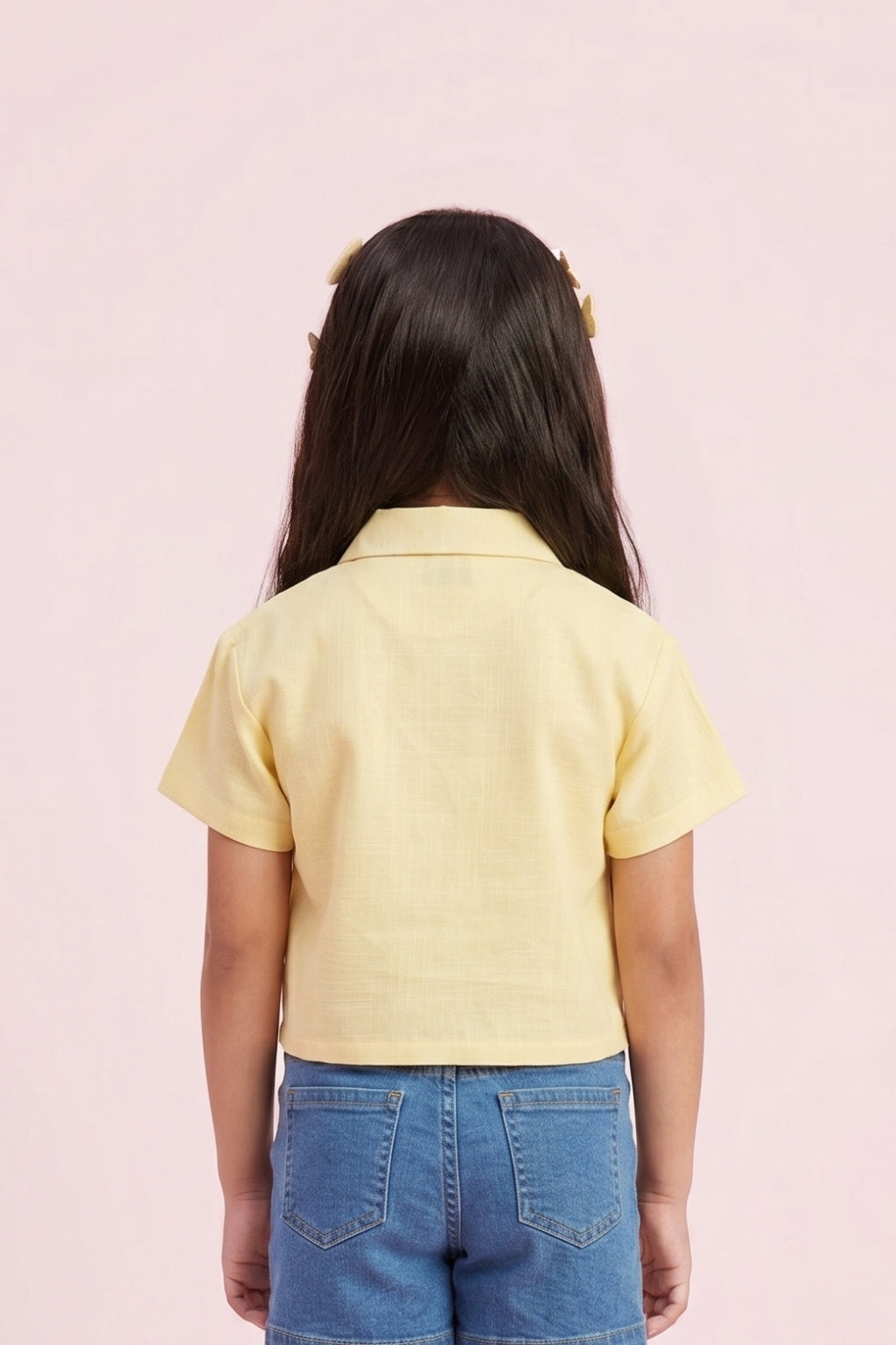 Girls Lemon Yellow Button-Front Crop Shirt TG6577
