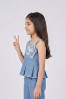 Sleeveless Denim Flower Applique Peplum Top TG6658