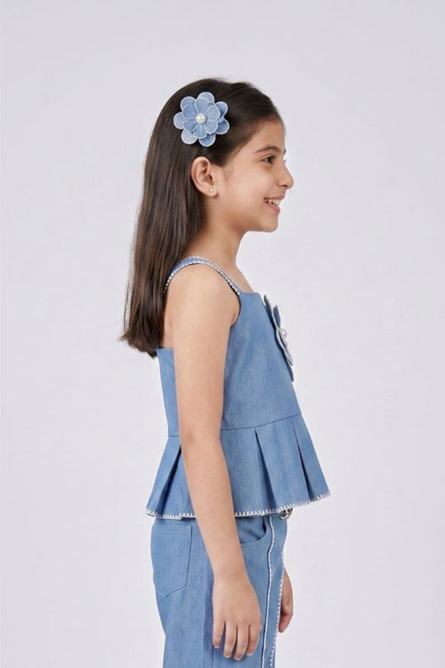 Sleeveless Denim Flower Applique Peplum Top TG6658