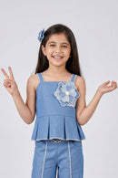 Sleeveless Denim Flower Applique Peplum Top TG6658