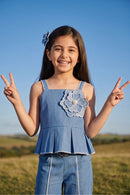 Sleeveless Denim Flower Applique Peplum Top TG6658