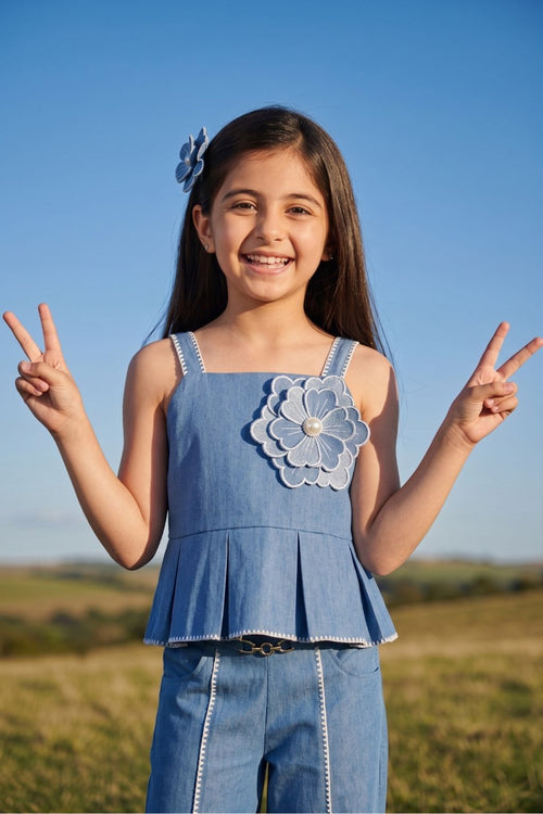 Sleeveless Denim Flower Applique Peplum Top TG6658