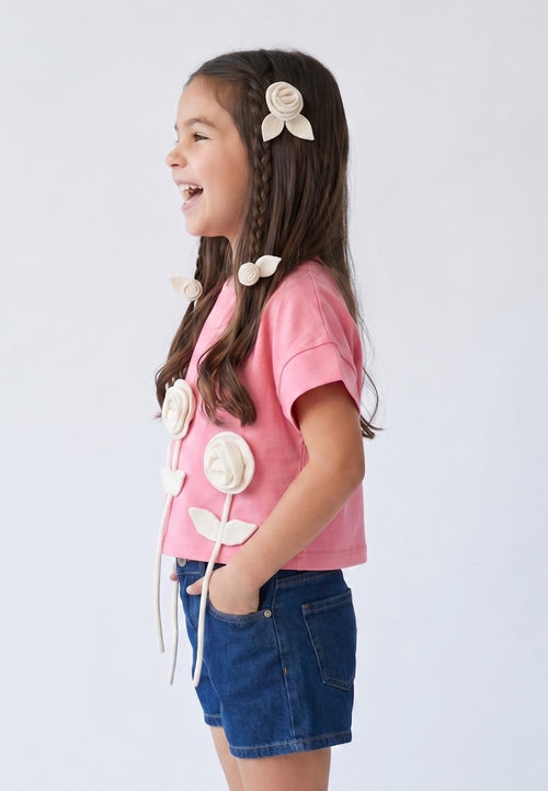 Pink 3D Rose Appliqué T-Shirt TG6718