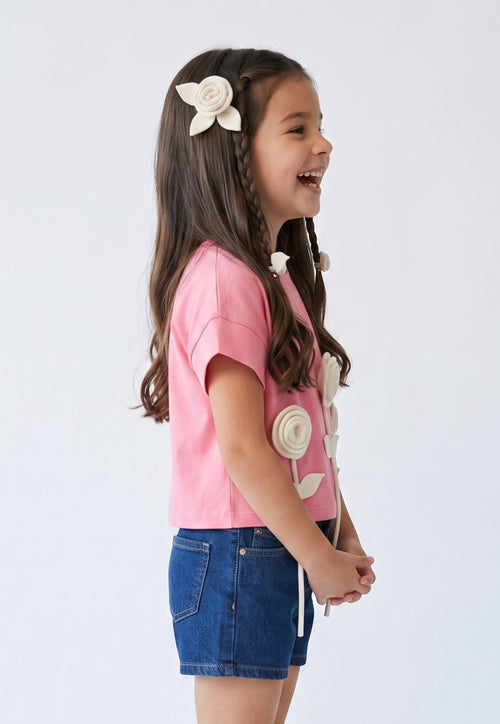 Pink 3D Rose Appliqué T-Shirt TG6718